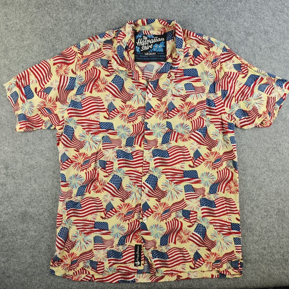 Rowdy Gentlemen Hawaiian Shirt Mens Medium American Flag Fireworks USA July 4th